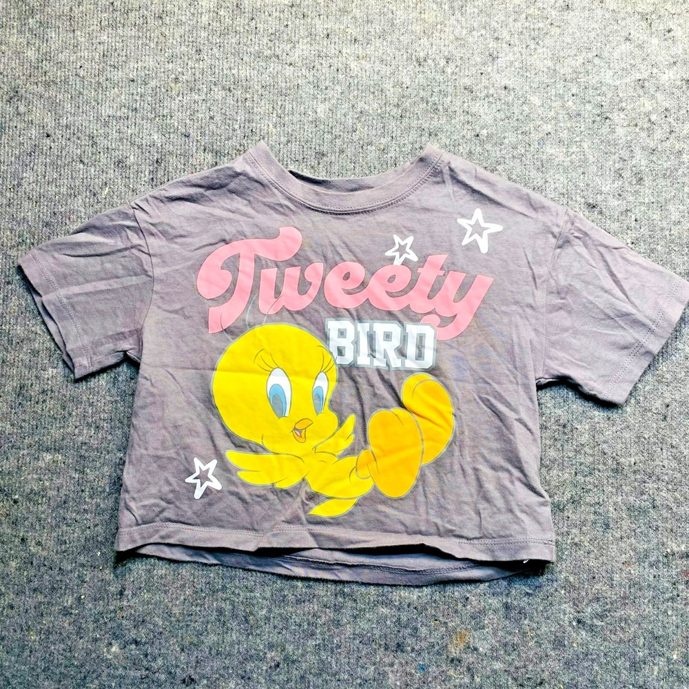 Looney Tunes Tweety Bird Sylvester Crop Top T-Shirt Gray XS 5/6